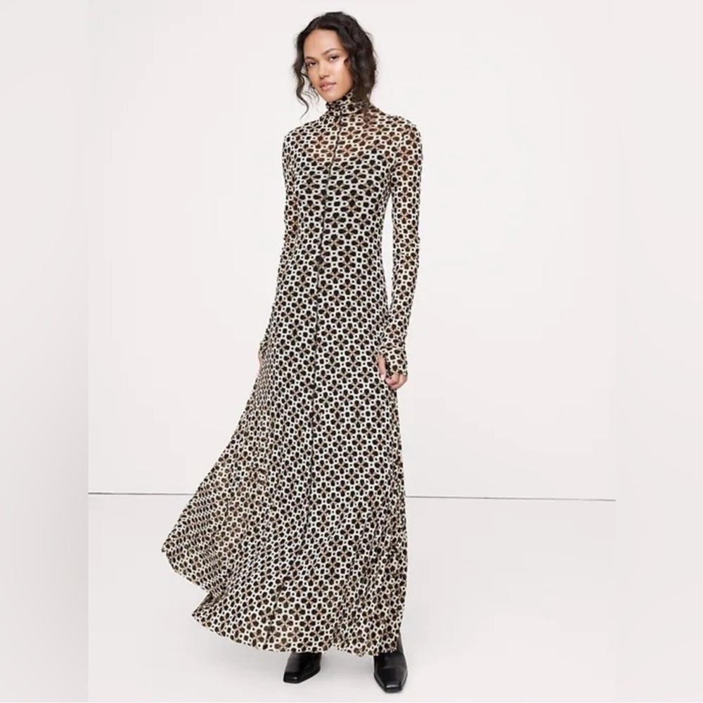 NWT Banana Republic Ivory Black Plaid Mesh Long-Sleeve Maxi Dress -PETITE ONLY🎻